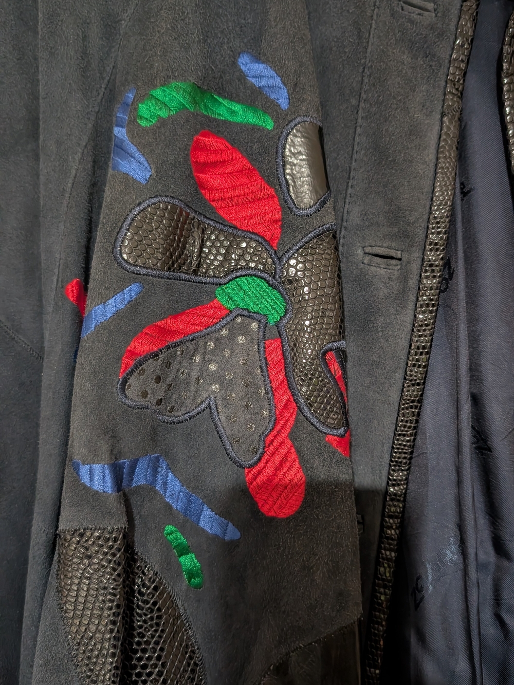 Black Embroidered Bomber Jacket with Multicolor Appliqué
